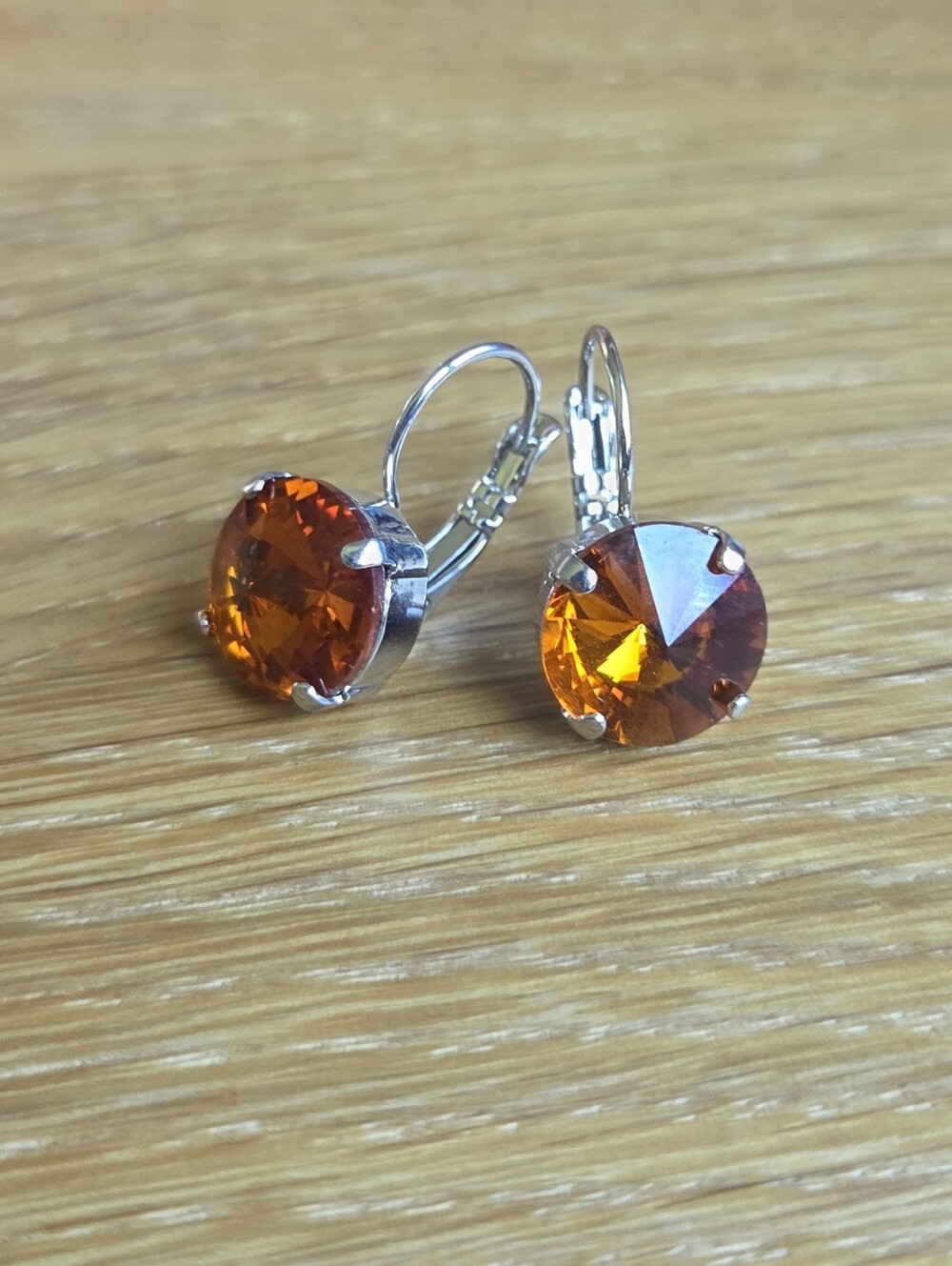 Silver Leverback Earrings with Amber Crystal Drops | Handmade - Picture 4 of 9